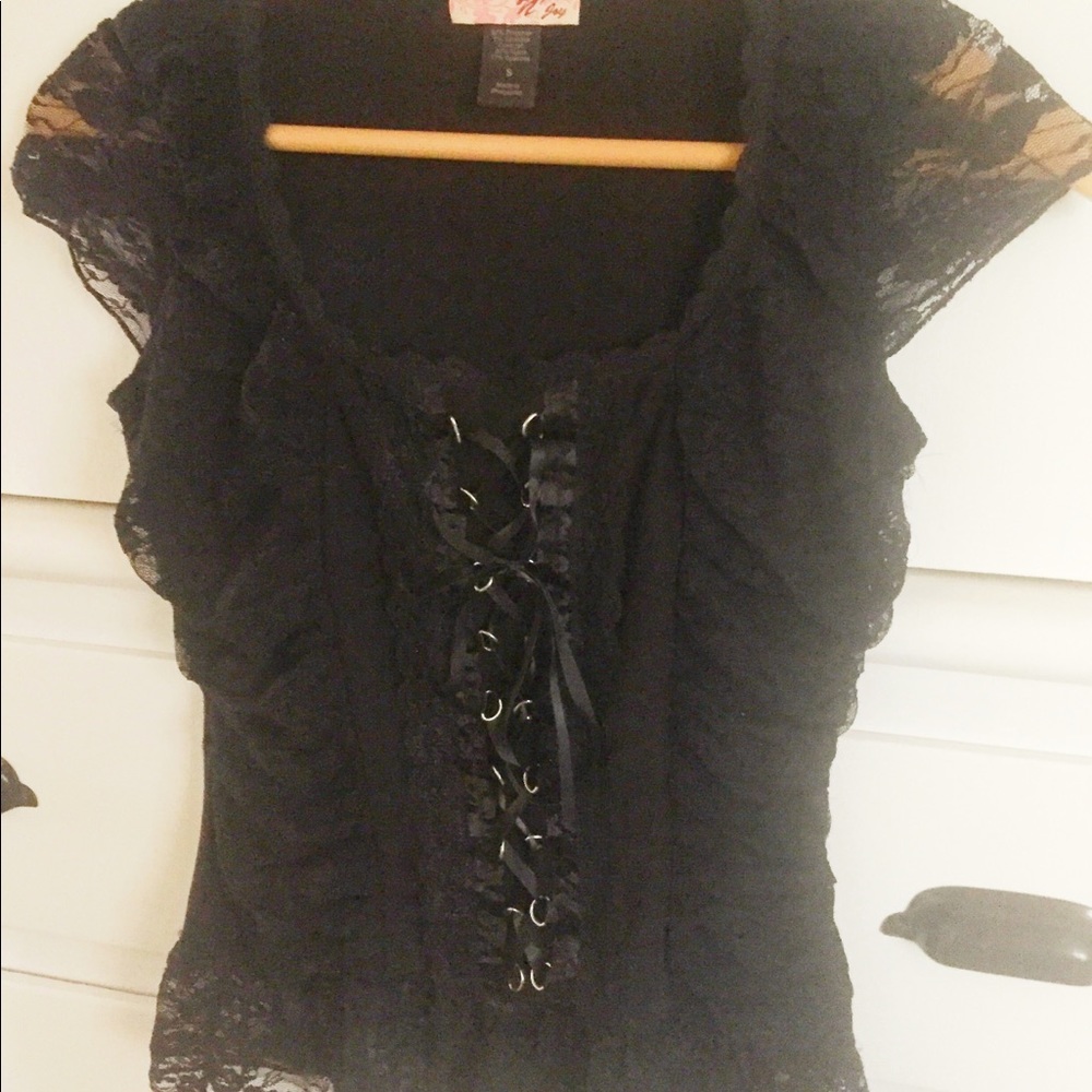 Black lined lace up, lace top